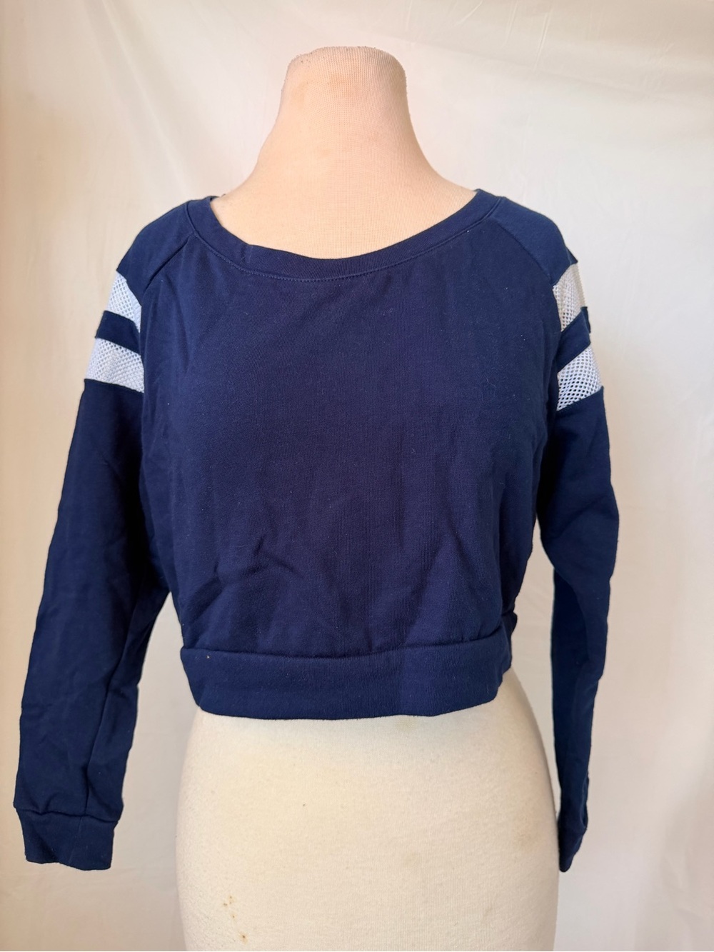 Ambiance Navy Blue Cropped Sweatshirt with White Mesh Shoulder Stripes